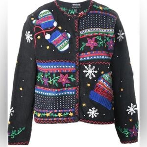 RETRO DESIGN WINTER HOLIDAY WOMEN’S BLACK CARDIGAN size S